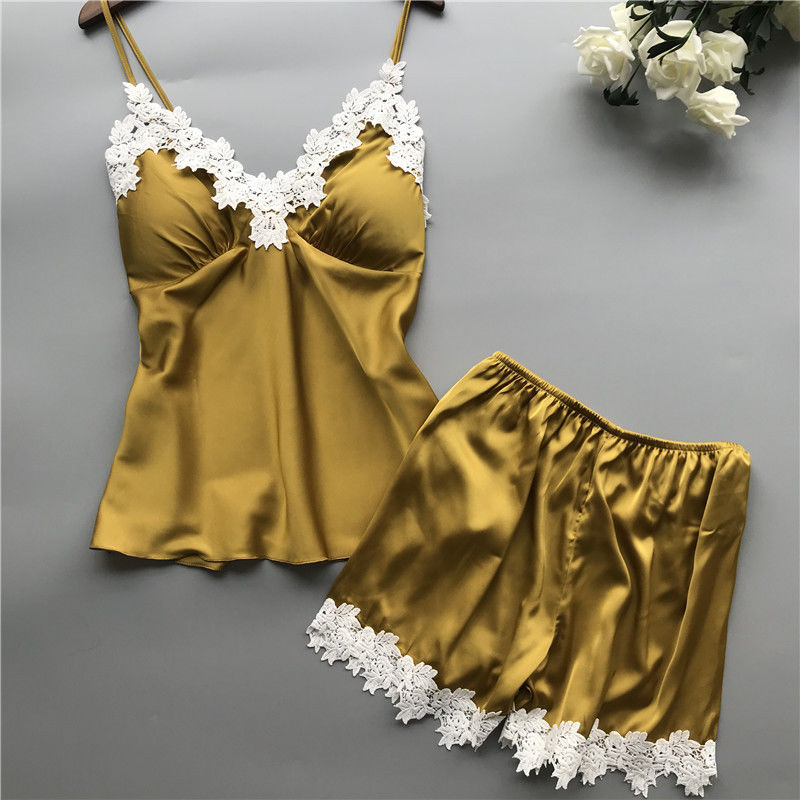 In te ademen van het de Nachtkledingssatijn van Vrouwenpyjama's Tweedelige het Kantlingerie Vastgesteld V - hals